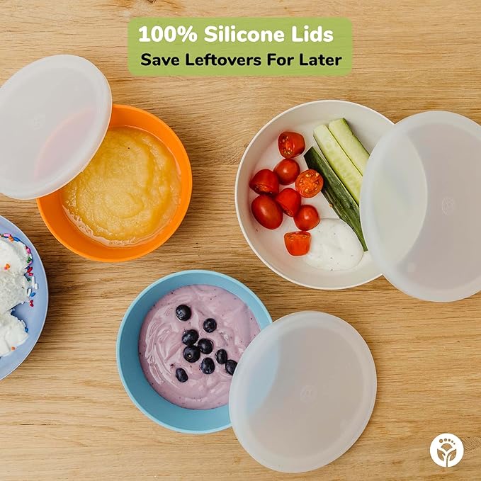 WeeSprout Bamboo Kids Bowls with Lids, Set of Four 10 oz Kid-Sized Dinnerware, Cereal, Leftovers & Snack Bowl, Dishwasher Safe (Blue, Green, Gray, & Beige)