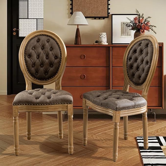 SoarFlash French Dining Chairs Set of 6, Vantage Dining Chair with Round Back, Farmhouse Country PU Leather Dining Chair for Kitchen,Bedroom,Brown