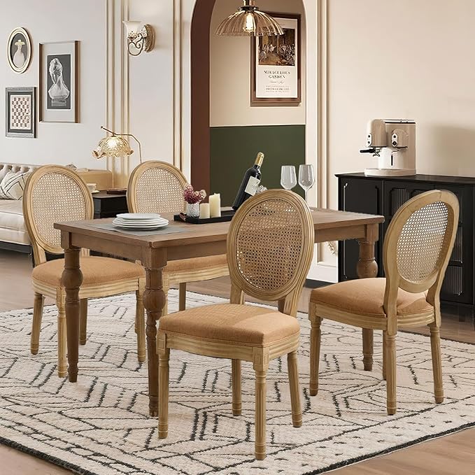 SoarFlash French Dining Chairs Set of 4, Vantage Dining Chair with Round Back, Wood Leg Farmhouse Country Rattan Dining Chair for Kitchen,Bedroom,Brown