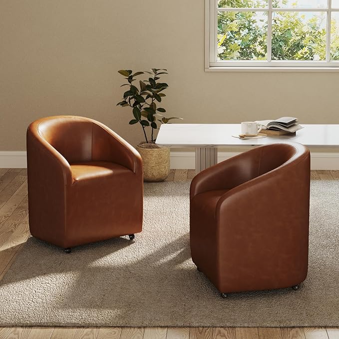 Modern Barrel Dining Chairs with Rolling Casters Set of 6, Upholstered PU Leather Swivel Dining Room Chairs with Wheels for Kitchen Living Room Home Office, Brown