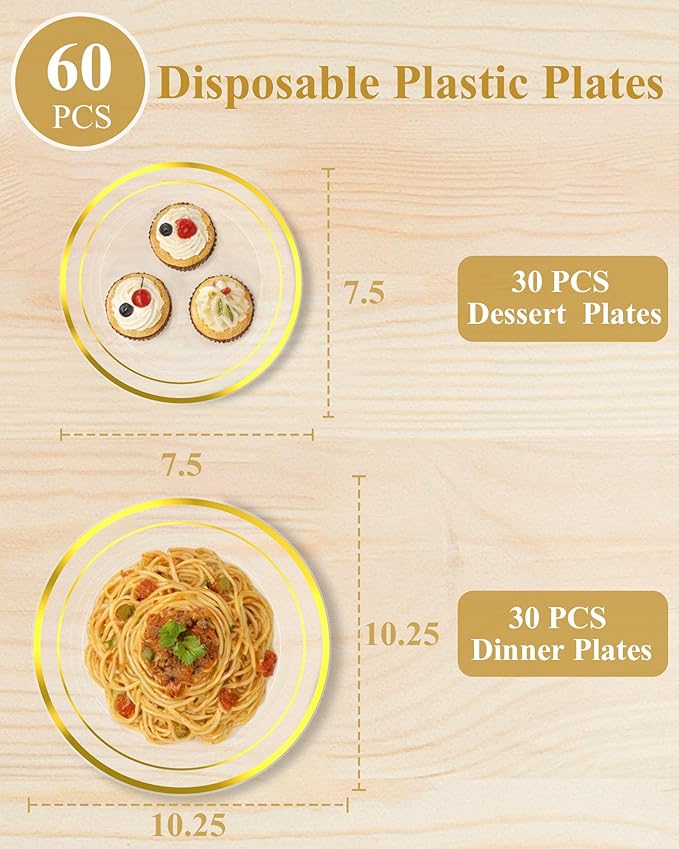 Quatish 60 Pcs Gold Rim Disposable Plastic Plates for Party,Wedding Plate Includes 30 Pes 10.25 Inch 30 Pes 7.5 Inch Heavy Duty Dinner & Dessert Plates, Perfect for Festivals,Picnics,in Clear