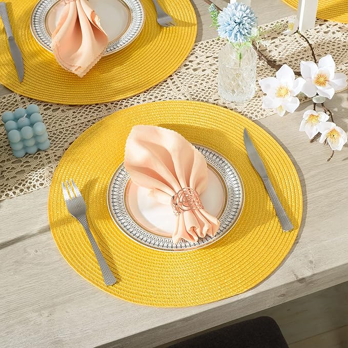 AHHFSMEI Round Braided Placemats 15 Inch Round Table Mats for Dining Tables Natural Woven Heat Resistant Place mats Set of 4 (Yellow,4)