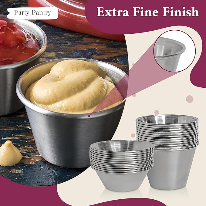 24 pcs Stainless Steel Condiment Small Sauce Cups - Round Ramekin Dipping Ramiken, Commercial Grade Metal Condiment for Ketchup, Soy Sauce, Vinegar, Butter