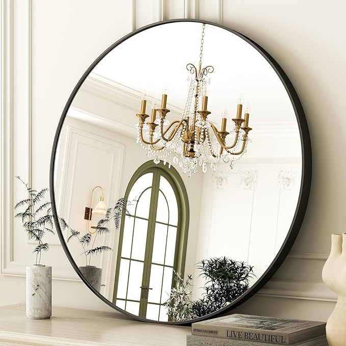 30 Inch Round Bathroom Mirror - Black Wall Mounted Circle Mirror with Metal Frame, Modern Round Hanging Mirror Suitable for Bathroom, Vanity, Entryway, Living Room