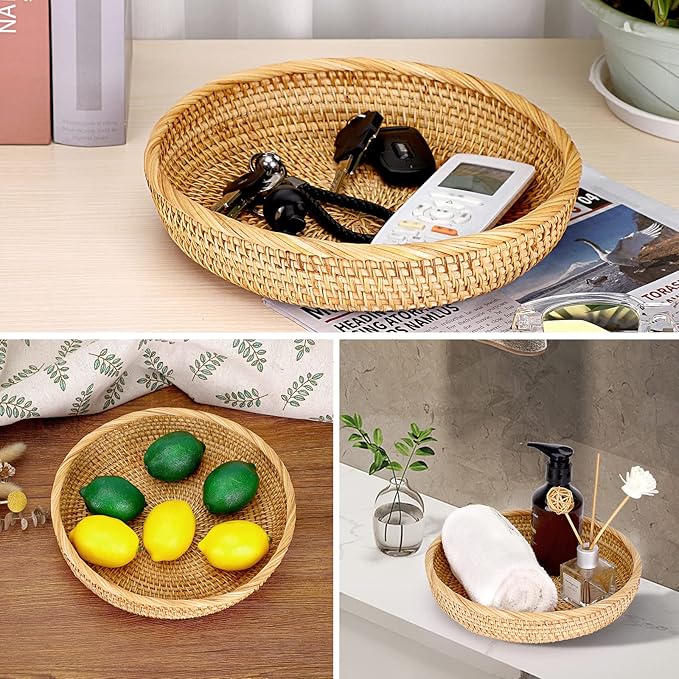 Hipiwe 9.9" Round Key Basket Bowl for Entryway Table Wicker Storage Basket Woven Keys Bowl Holder Crackers Fruit Candy Serving Tray Rattan Organizer Basket for Remote Control Wallet Cell Phone