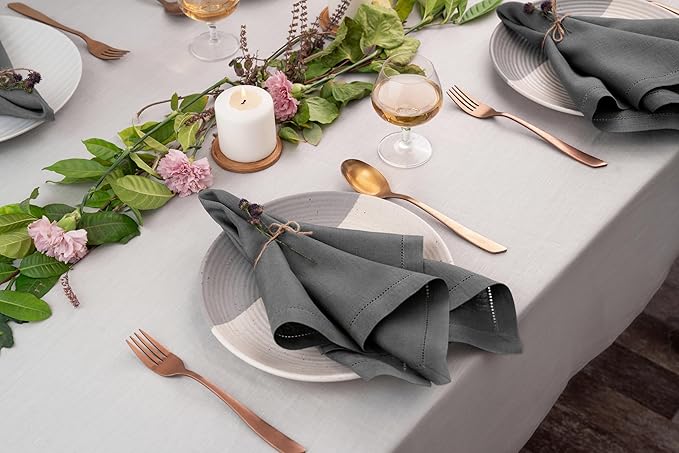 D'Moksha Homes Charcoal Grey Linen Napkins Set of 8 - Classic Hemstitch 100% Pure Linen Hemstitch Dinner Napkins 20 x 20 Inch for Spring, Easter - Handcrafted and Machine Washable