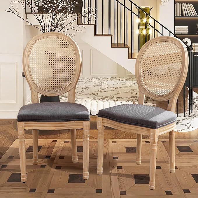 SoarFlash French Dining Chairs Set of 6, Vantage Dining Chair with Round Back, Farmhouse Country Rattan Dining Chair for Kitchen,Bedroom,Deep Grey