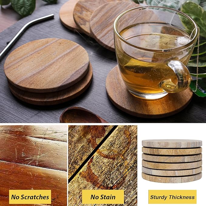 Sandstone Water Absorbent Hand Crafted Round Coasters for Drinks - 4 Inches Wide Thirsty Stone Bar/Drink Coasters- Made from Rainbow Sandstone (Set of 6 with Holder)