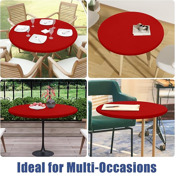 Round Spandex Christmas Tablecloth 2 Pack, Elastic Fitted Waterproof Tablecloths for 31"-35" Tables, Stretch Washable Picnic Table Cover for Camping, Dining, Indoor and Outdoor, Red