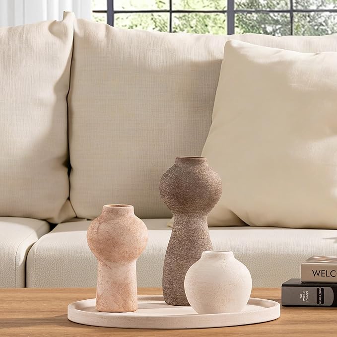 Ceramic Vase Home Table Decor - Flower Vase Set of 3 Living Room Kitchen Decorations Farmhouse Modern Rustic Vases Decorative Centerpiece for Shelf Bedroom Office Bathroom Dining Coffee Desk