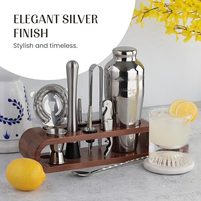 Mixology & Craft Cocktail Shaker Set with Dark Bamboo Stand - Professional 18oz 10-Piece Bartender Kit - Complete Bar Set & Cocktail Mixer Kit for Home (Silver)