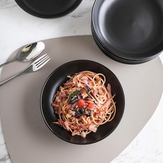 Selamica Ceramic 7.8 inch pasta bowls, 26 Ounce large serving porcelain salad soup bowls, dishwasher microwave safe, set of 6 (Black)