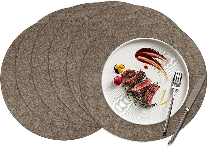 15 inch Faux Leather Round Placemats Set of 6 Non-Slip Washable Wipeable Table Mats, Heat Resistant Waterproof Oilproof Dark Coffee Place Mats for Kitchen, Dining, Party, Indoor, Outdoor
