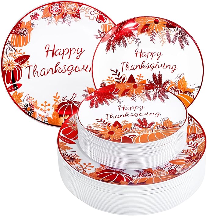Rubtlamp 60PCS Thanksgiving Plastic Plates, White Orange Pumpkin Plates, Red Disposable Plates with Maple Leaves, Fall Disposable Plates Include 30 Dinner Plates, 30 Salad Plates For Thanksgiving