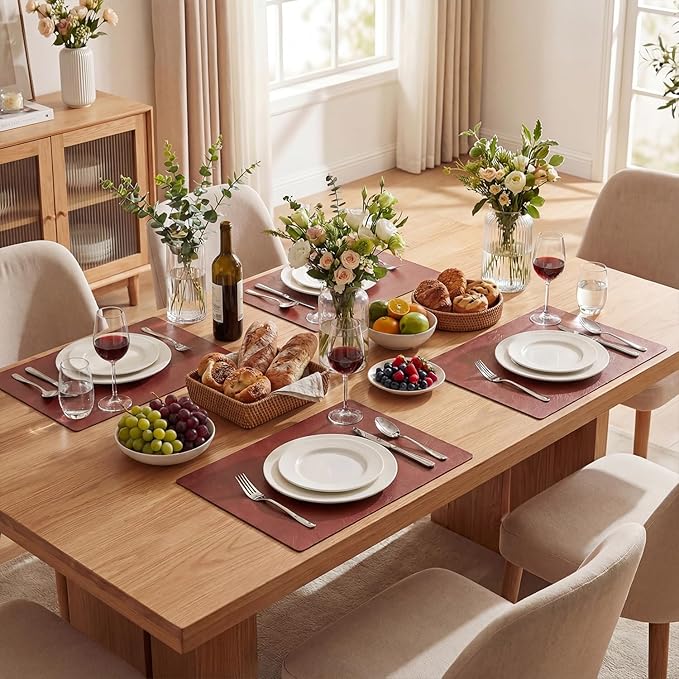 Artoid Mode Red Faux Leather Placemats Set of 4, 12x18 Inch Waterproof Wipeable Heat Resistant Vinyl Place Mats, Reversible Table Mats for Christmas Kitchen Dining Decor