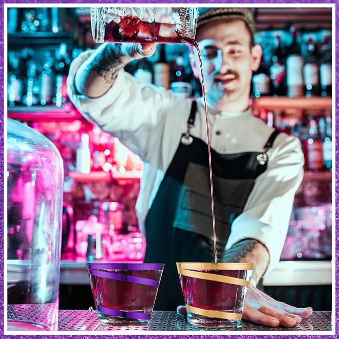 Gejoy 9 oz Rimmed Swirl Plastic Cups Disposable Wine Drinking Cups Clear Elegant Halloween Tumblers for Christmas Party Supplies(Purple, Gold,100 Pcs)