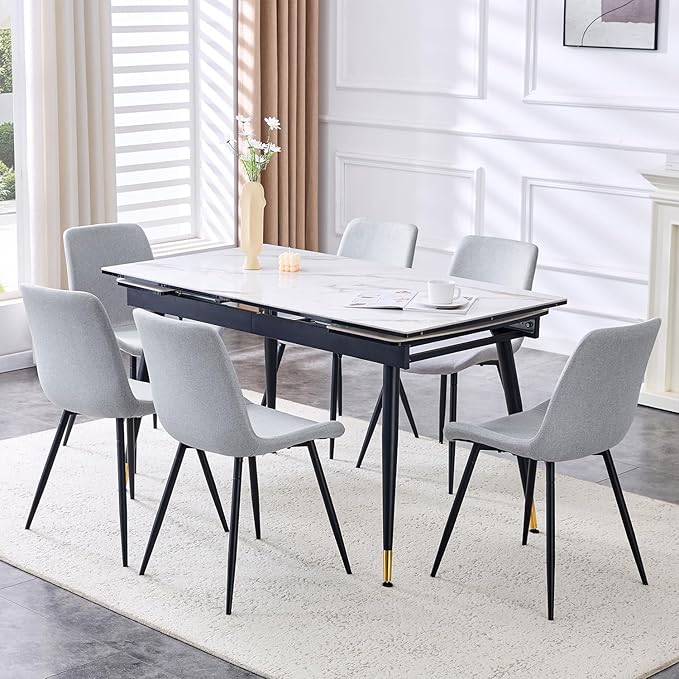 Extendable Dining Table Set for 6, 55'' to 78.8'' Rectangular Thickened Sintered Stone Kitchen Table with 6 Upholstered Chairs, Modern Space Saving 7-Piece Dinner Table Set