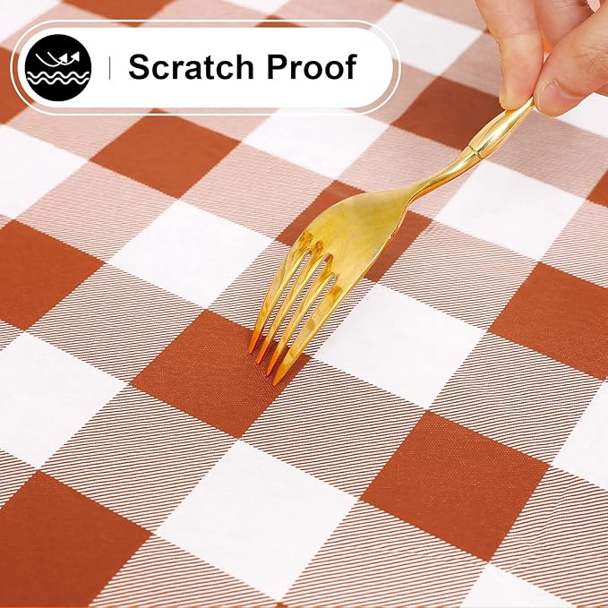 misaya Rectangle Waterproof Vinyl Table Cloth, Buffalo Flannel Backed Tablecloth, Wipeable Plastic Table Cover for Dinner, Kitchen, Picnic, (60" x 84", Rust and White)