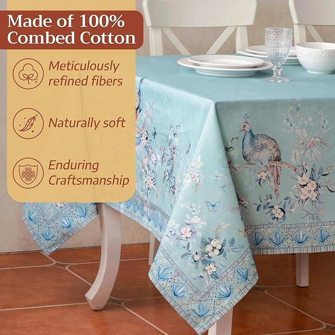 Maison d' Hermine Premium Table Cloth Square Table 100% Combed Cotton 70 x 70 Inches Tablecloth Reusable Decorative for Dining Room, Home, Party, Festive & Wedding - Peacock Utopia - Pastel Turquoise