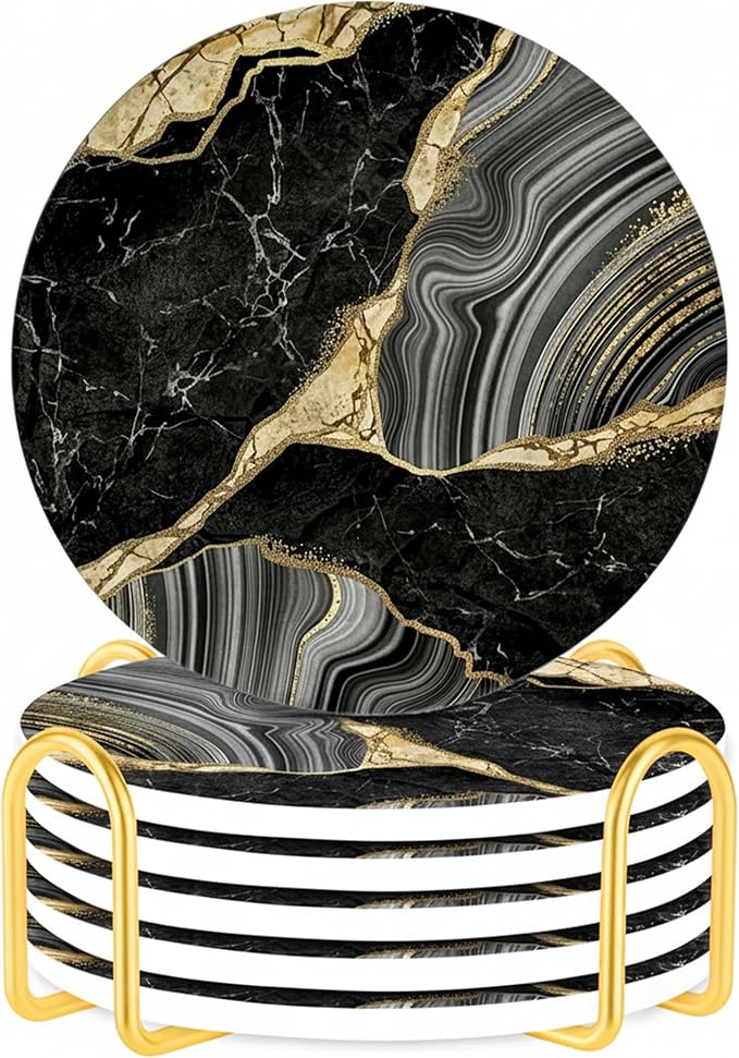 Luxury Black & Gold Marble Ceramic Coasters - Set of 6 with Gold Metal Holder - Premium Round Drink Coasters for Coffee, Tea, Whiskey, Wine - Stylish Home & Kitchen Decor