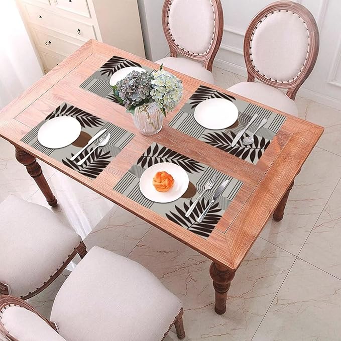 Mid Century Abstract Boho Placemats Geometric Neutral Beige Modern Leaf Plant Semicircle Art Washable Place Mats 12x18Inch for Dining Kitchen Farmhouse Decor 4 PCS
