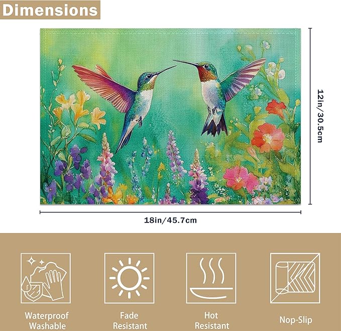 Hummingbird 12x18 Inch Placemats Set of 6 - Waterproof, Non-Slip & Washable Vintage Spring Flower Birds Table Mats for Kitchen & Dining Table Placemats