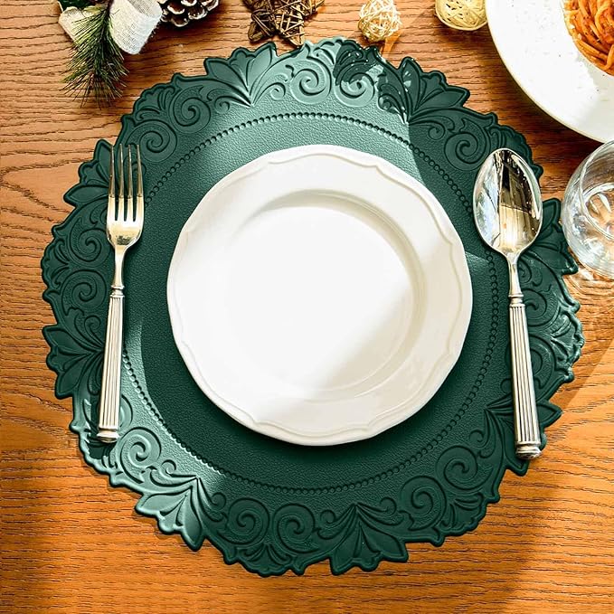 Noctiflorous Round Faux Leather 15 Inch Placemats Set of 6 Waterproof Wipeable Heat Resistant Tablemat for Dining Table Kitchen Non Slip Oilproof Table Place Mat for Indoor Outdoor(Green, 6)