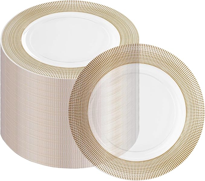 PARTY BARGAINS 13-Inch Charger Plates - 48 Pack, Clear Gold Textured Rim, Heavy-Duty Disposable Chargers for Elegant Dining - Ideal for Weddings and Formal Events