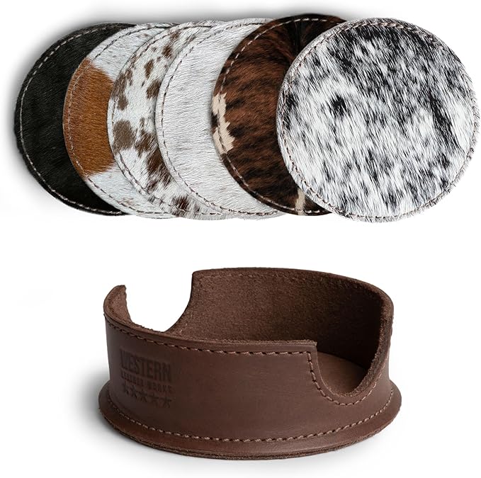 Set of 6 Circular Coasters for Drinks, Glass & Cups Stain Protection, Full Grain Leather, Handmade (Furry)