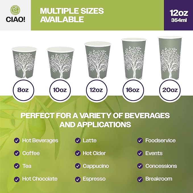 CIAO! 12oz Paper Hot Cup, Rooted Olive Print, (Case of 1,000)