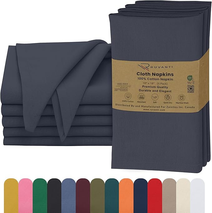 Ruvanti Cloth Napkins Set of 6, 18x18 Inches, 100% Cotton, Washable, Soft & Absorbent, Perfect for Wedding, Christmas, ‎Thanksgiving Dinners - Ombre Blue