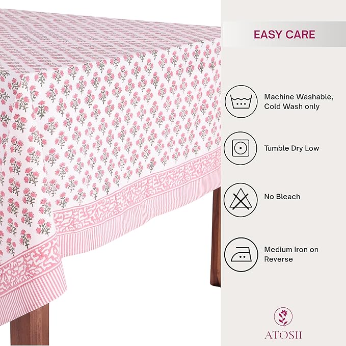 ATOSII Gulbahar White Pink 100% Cotton Spring Summer Square Tablecloth, Handblock Print Floral Table Cloth for Kitchen Dining Linen I Weddings, Outdoors, Easter 60 X 60 Inches I 4 Seater
