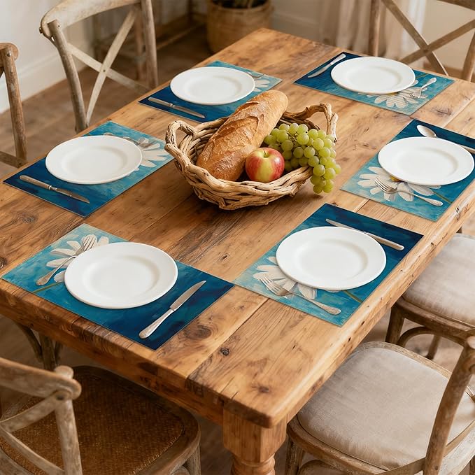 Table Placemats Set of 6, Waterproof Linen Fabric, Non-Slip Backing & Easy Clean, Elegant Dining Table Protectors for Family and Guests(Vintage Daisy Flower)