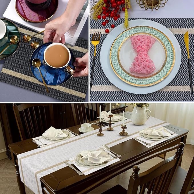 FAVE Placemats Set of 6 Black Placemats Woven with Golden Thread Durable and Wipeable Vinyl Placemat Set of 6 for Wedding, Banquet, Birthday, Party, Restaurant Decorations（Black）