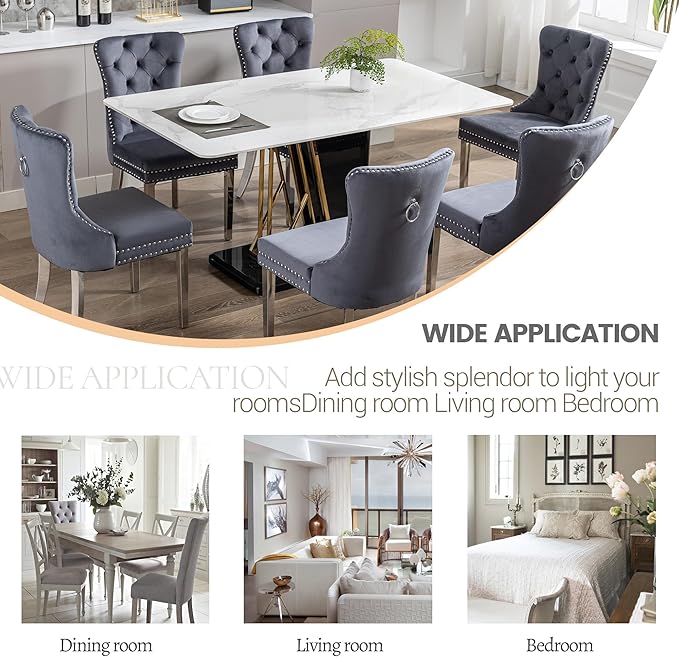 KCC Velvet Dining Chairs Set of 4, Upholstered High-end Tufted Dining Room Chair with Nailhead Back Ring Pull Trim Stainless Steel Legs, Contemporary Nikki Collection Modern Style for Kitchen, Gray