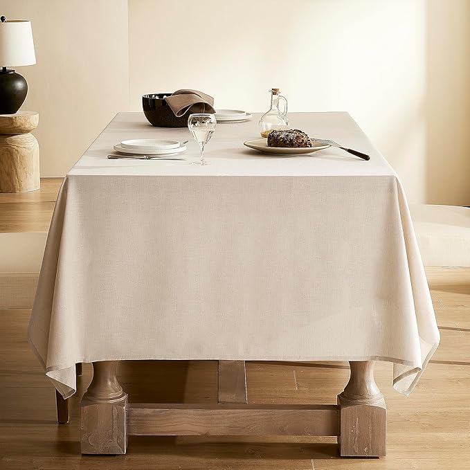 Beige Textured Linen Tablecloth Rectangle Farmhouse Boho Rustic Table Cover for 8 Foot Tables Heavy Duty Washable Camping 8ft Table Cloths for Rectangle Oblong Tablecloth 60x104 Inch
