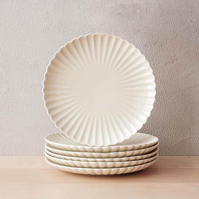 WENSHUO Daisy Plates Set of 6, Chip and Scratch Resistant (Glossy Crème, 10.5 Inch)