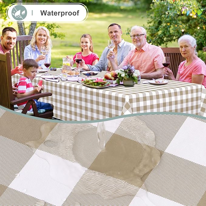 misaya 2 Pack Waterproof Vinyl Table Cloth, Buffalo Flannel Backed Tablecloth, Wipeable Plastic Table Cover for Dinner, Kitchen, Outdoor (60" x 84", Khaki and White)