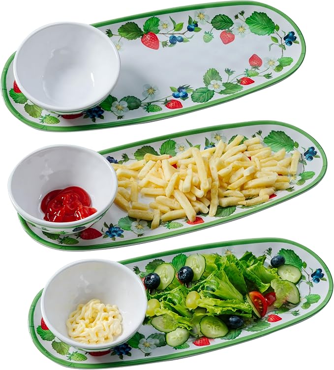 LEHAHA Strawberry Melamine Chip and Dip bowl Serving platter, Set of 3. Rectangular serving platter and small serving bowl sets. Round Dipping Dishes for Condiments, Pre, Dessert, Salsa, Entertaining