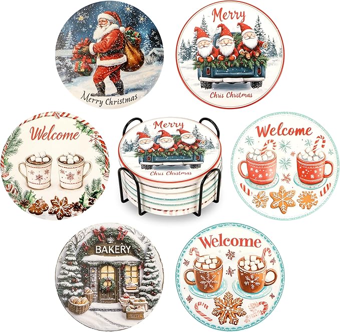 Christmas Drink Coasters Set of 6 with Black Holder and Cork Base, Absorbent Ceramic Coasters Round Decorative Coffee Table Decor for House Warming Gifts New Home