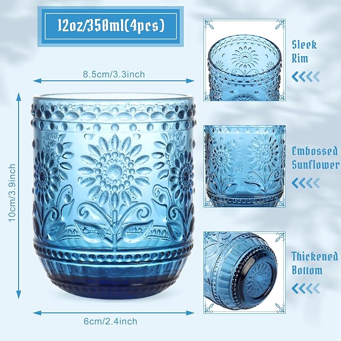 Topsky Vintage Drinking Glasses Set of 4,12oz Drinkware Set,Blue Glass Cups Wine Glasses Colored Glassware for Whisky,Beer,Juice,Cocktail,Heavy Duty