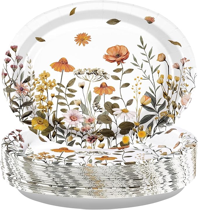 Grencian 50Pcs Spring Wildflower Oval Paper Plates 10" x 12" Large Disposable Watercolor Spring Floral Paper Plate Wildflower Birthday Decorations for Tea Lunch Dinner Birthday Party Supplies