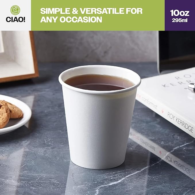 CIAO! 10oz White Paper Hot Cup, Disposable, 80mm Diameter 500 Count