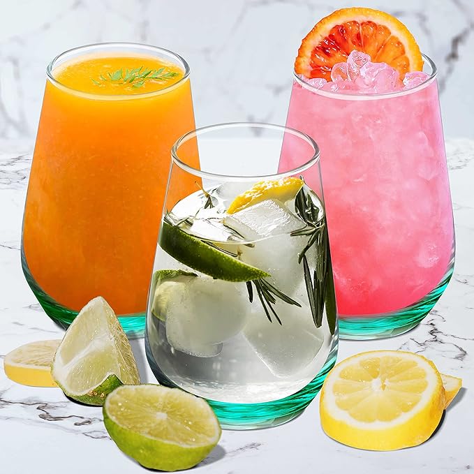 DISCOUNT PROMOS 10 Vaso Silicia Stemless Wine Glasses Set, 16 oz. - Clear, Orb-Like, Thick base - Green
