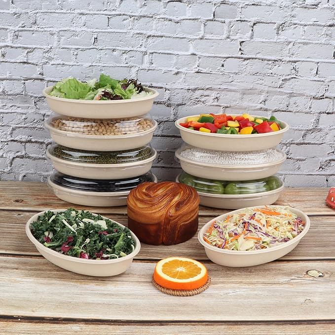 28 oz Oval Disposable bowls with lids,Sugarcane Salad Bowls take away food containers Plant Fibers 50 PACK