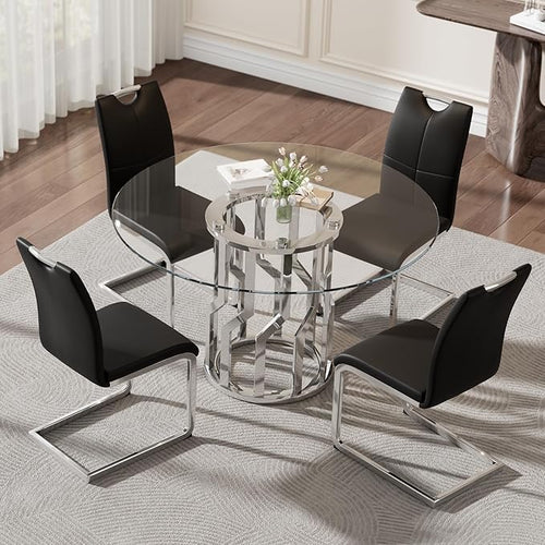 47.2" Round Glass Dining Table Set for 4, Modern 5 Piece Kitchen Table Set with Silver Stainless Steel Base & 4 PU Leather Accent Chairs, Saving Space, Dining Set for Apartment, Home - Black Chair