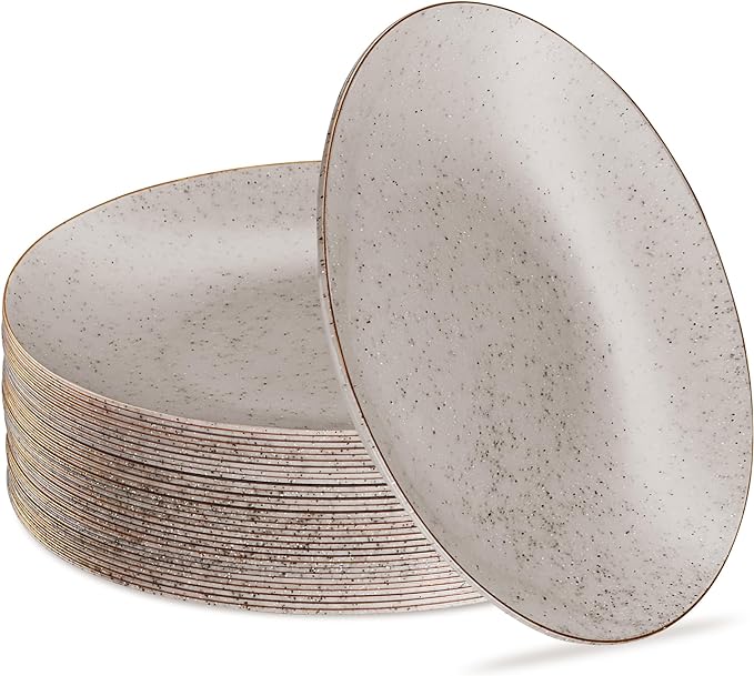 PLASTICPRO 30 Pack Disposable Plastic Plates Heavyweight Granite Look Elegant 10 inch Dinner Plates Grey with Gold Rim