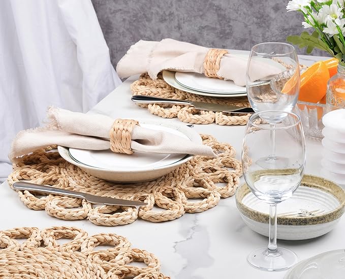 13.8" Corn Husk Woven Round Placemats Set of 6 - Wicker Boho Farmhouse Placemats - Rattan Table Mats Like Water Hyacinth for Dining Table, Wedding, Home