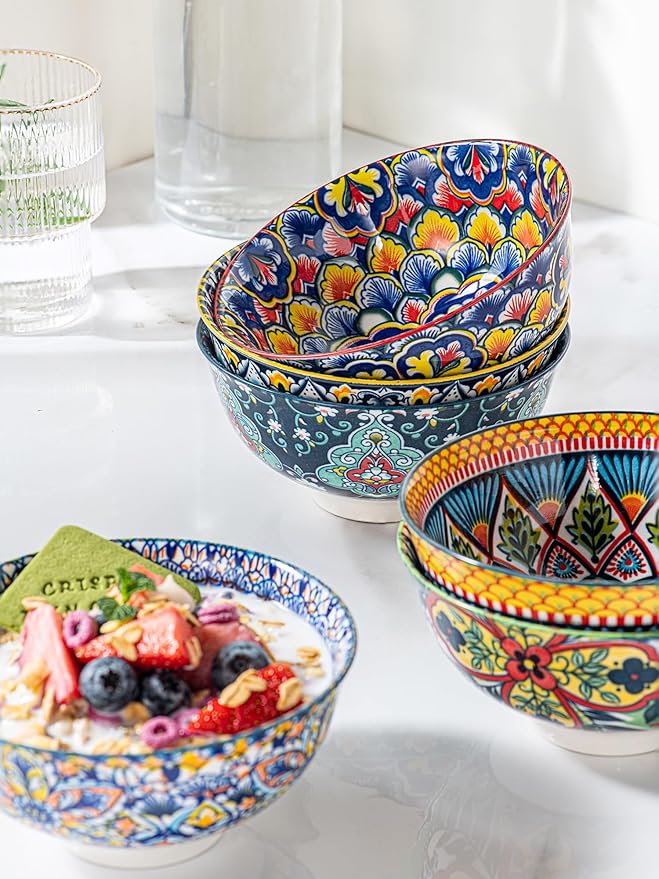 HENXFEN LEAD Small Dessert Bowls – 10 oz Boho Ceramic Bowls for Ice Cream, Snacks, Side Dishes, Condiments – Microwave & Dishwasher Safe, Set of 6