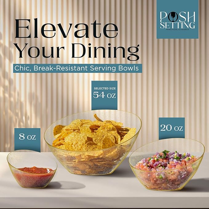 Posh Setting - Gold Plastic Serving Bowls for Party - Angled, Disposable, Chip & Candy Bowls - 54 OZ, 5 Pack